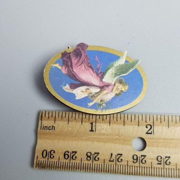 Vintage Guardian Angel Blue Pink Winged Cherub Oval Brooch, Estate Lapel Pin - Picture 6 of 8